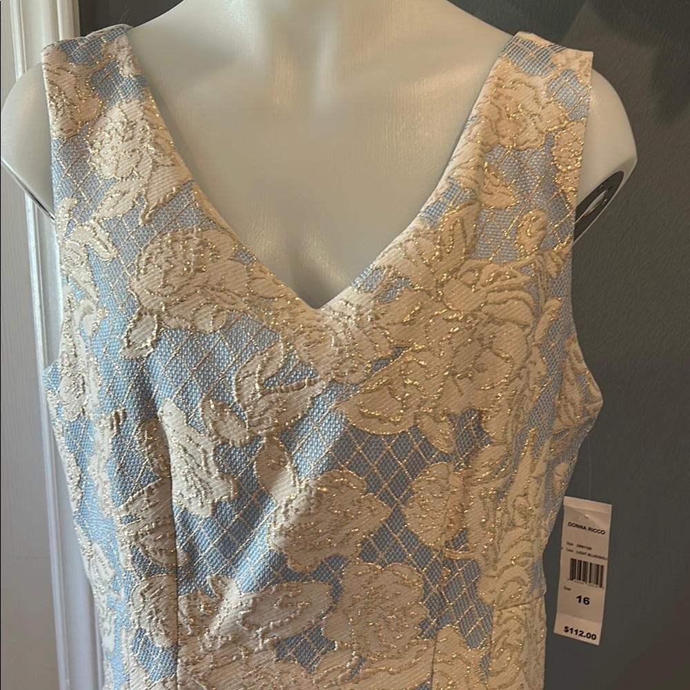 Donna Ricco Blue and Gold A-line Dress with V-Neckline and Pockets - Picture 2 of 8